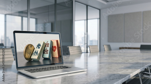 Modern laptop on marble conference table showing conceptual blocks of home, family, and health insurance against a gold coin, representing financial stress and life planning.
