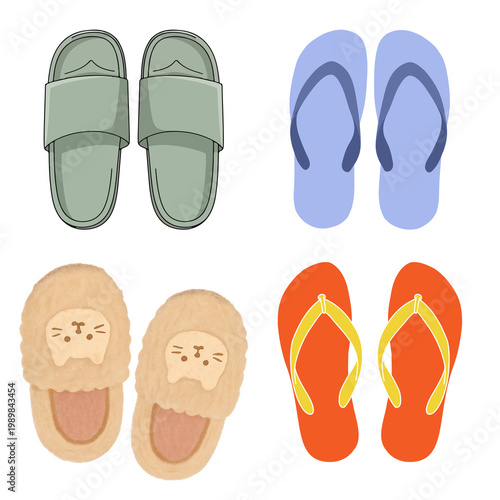 Foto Various types of footwear for comfort and casual wear, including slippers and fl