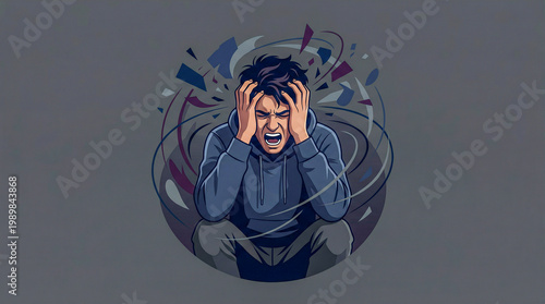 Distressed man screaming and clutching head representing world schizophrenia day, illustrating severe mental health struggles, panic attack, and intense psychological agony.
