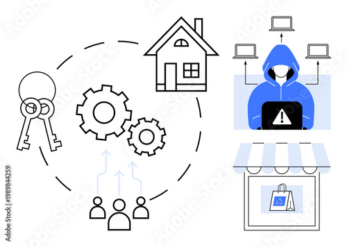 Cybersecurity, online safety, e-commerce security, hacking threats, personal data protection, digital privacy. Gear icons, keys, house hacker with laptop retail shop connected devices
