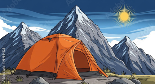 Orange Tent Set Up In Rocky Mountain Landscape Under Sunny Sky.