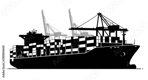 Large cargo ship silhouette with cranes at port.