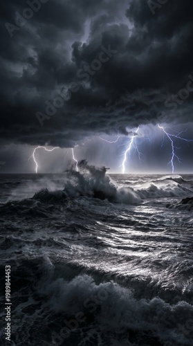 A dramatic scene of lightning over the ocean, with the waves crashing in the stormy sea