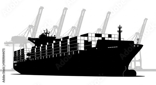 Silhouette of a large cargo ship at a port with cranes.