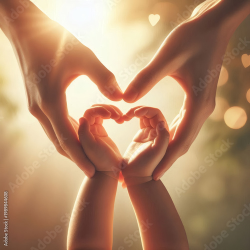 An Adult's Hands And A Baby's Hands Forming A Nested Heart Shape Together Against A Warm Backlit Glow