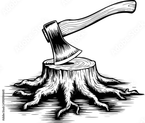 Black and white of an axe embedded in a tree stump with exposed roots wood