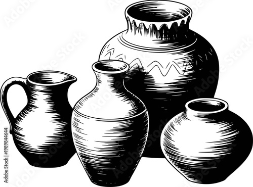 Black and white of assorted ceramic pottery vessels white background, vase pitcher