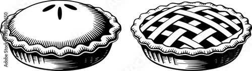 Black and white of pies, with lattice white background, food dessert baking pastry