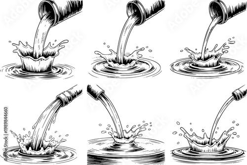 Black and white of liquid pouring into water, creating splashes drop