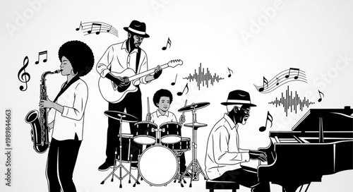 Jazz Band Performing Live Music with Instruments and Musical Notes.