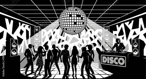 Disco Dance Party with DJ and Mirror Ball.