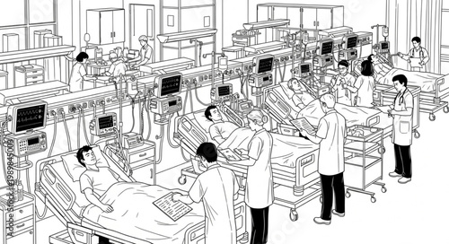 Hospital ward with patients and medical staff in a sketch style.