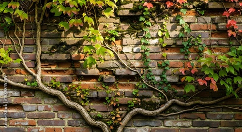 Old brick wall covered with ivy and climbing plants in sunlight creates rustic texture