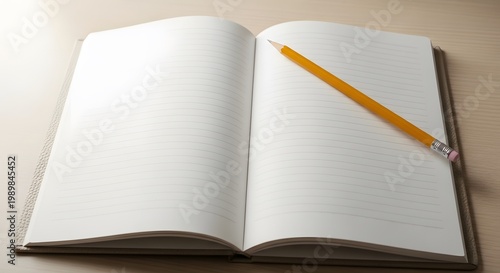 Open notebook with blank pages and yellow pencil on wooden desk writing or drawing concept