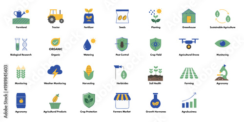 Modern flat icons collection for agriculture, farming, and sustainable food production with technology.