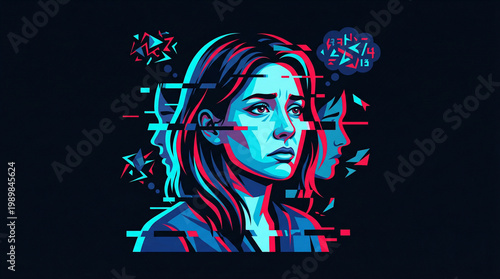 Conceptual glitch art portrait of a woman representing world schizophrenia day, illustrating fractured reality, mental breakdown, and digital cognitive dissonance.
