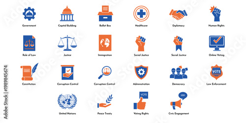 Government and social justice icons: voting, law, human rights, diplomacy, and civic engagement.