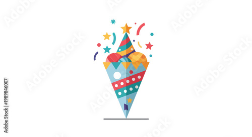 Colorful party popper exploding with confetti and spheres