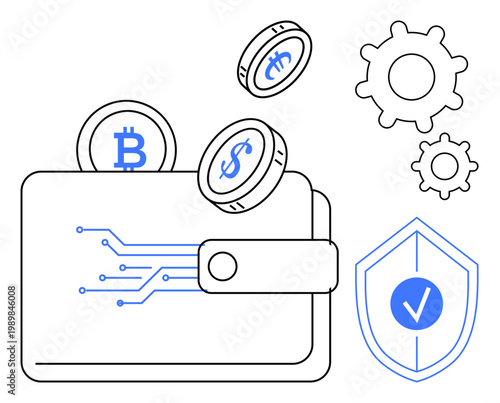Cryptocurrency, blockchain, finance, digital savings, fintech, digital security concepts. A wallet with digital circuits and coins, gear icons and a security shield. Cryptocurrency and digital