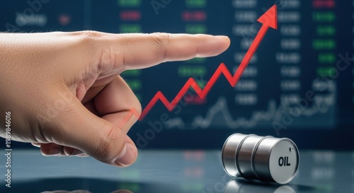 Oil price increase and stock market growth, hand pointing at rising financial chart with crude oil barrel, energy commodity trading concept