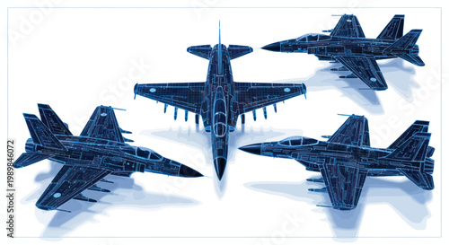 Futuristic digital fighter jets with circuit board patterns on white background