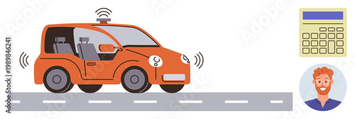Futuristic tech, AI, driverless tech, energy efficiency, urban planning, smart transportation. Orange self-driving car on the road, calculator and face profile. Futuristic tech and AI applications
