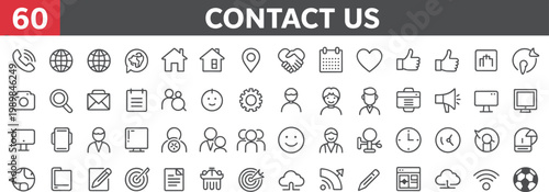 Contact us set featuring sixty grey outline including telephone globe house location pin handshake calendar heart thumbs up user gear megaphone monitor clock and cloud symbols