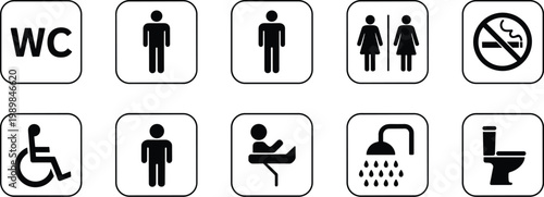 Set of ten black and white public facility including restroom gender signs wheelchair access no smoking symbol shower and toilet bowl silhouettes on rounded square backgrounds