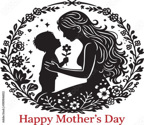 Mother’s Day Floral Wreath Illustration – Mother and Child Silhouette with Flower