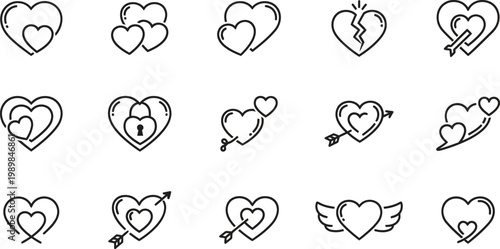 Collection of heart silhouettes love romance and affection in minimalist black and white designs