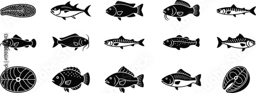 Black silhouette fish collection a diverse array of aquatic life in a stylized minimalist design