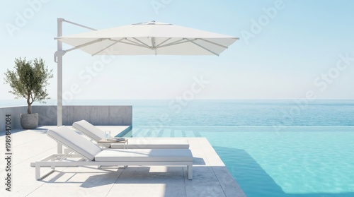A scenic view of a relaxing outdoor leisure space with pool, sunshade and the ocean