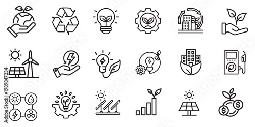 18 Minimalist Ecology and Green Energy Line Icons Set for Environmental and Sustainable Power Websites