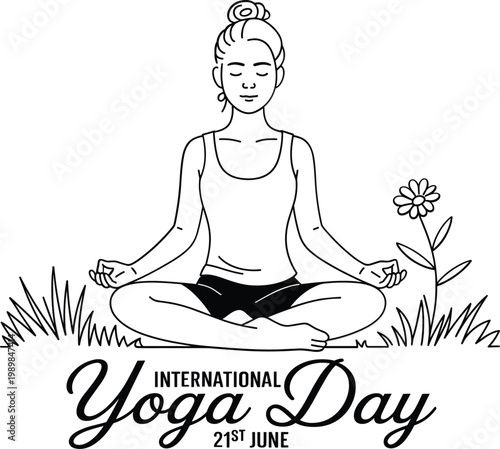 Line art illustration of woman meditating in nature, for international yoga day on twenty first june