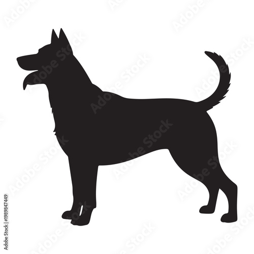 A striking black silhouette of a german shepherd dog standing in a profile view silhouette