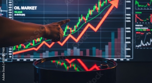 Oil market trading analysis with rising price chart, crude oil barrel on financial background, energy industry stock market growth data