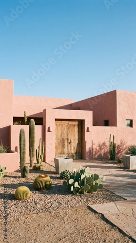 A stylish desert home with a light pink exterior and a rustic wooden door, cacti in the foreground and a clear blue sky