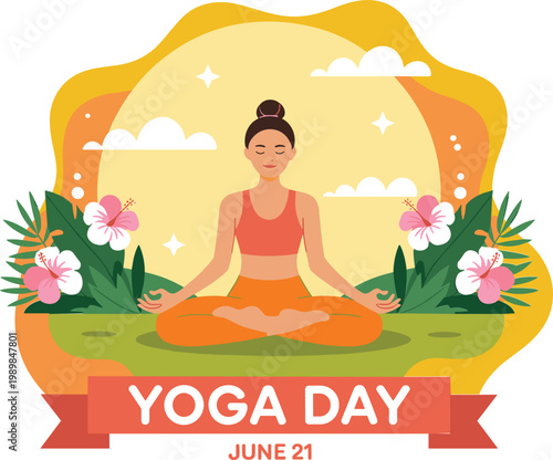 Flat illustration of woman meditating in nature, for international yoga day with flowers and sun