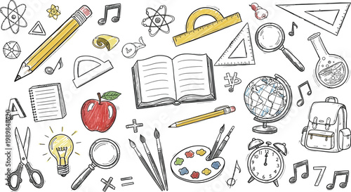 School supplies doodle collection back to school sketch with various items