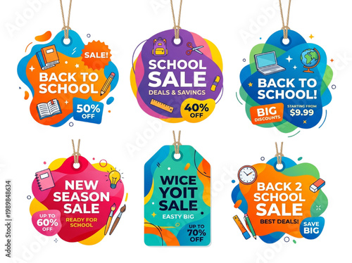Modern Abstract Back to School Sale Stickers: Vibrant Vector Education Icons, Geometric Retail Discount Labels, and Trendy School Supply Graphics for Marketing