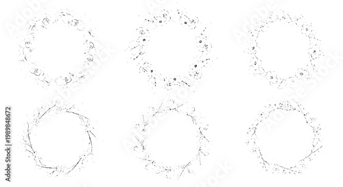 Gear cog circles set with hand-drawn scribble texture, dotted particles, circular outlines for sci-fi technology icons