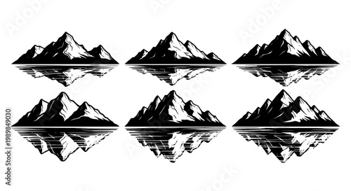 Mountains black and white illustration set with reflections on water surface featuring mountain range, scenery, landscape with nature and peaks