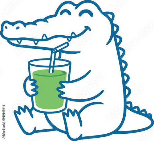 Cute cartoon alligator with a smile drinking a green smoothie from a glass