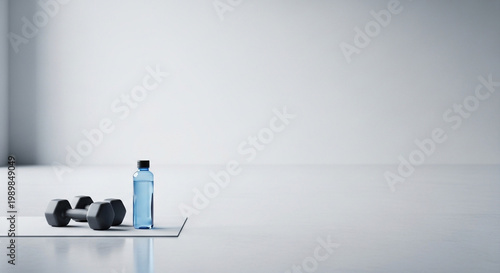 A fitness setup with dumbbells and a water bottle on a yoga mat in a modern gym