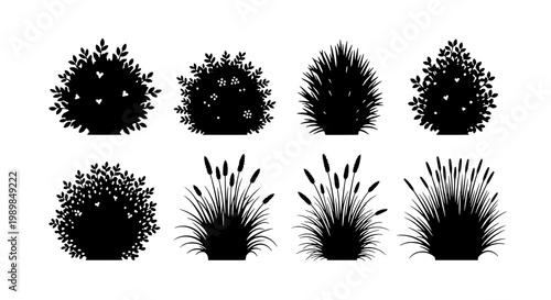 Flower blossom icons set with spiky petals and granular ink texture for gardening, spring, and decorative logo design