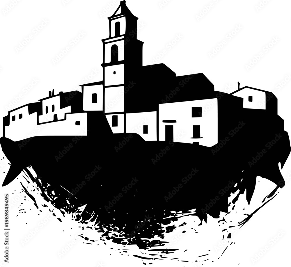 Obraz premium Black silhouette of a european village with a church tower a white background