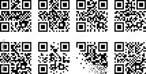 Black qr codes with varying data density and pixelation white background, scan technology