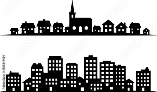 Black silhouette cityscapes: suburban houses and modern skyscrapers white background
