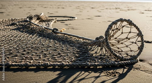 A weathered fishing net lies abandoned on a serene beach at sunset