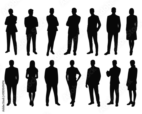 A collection of diverse figures are shown in black standing in a row presented as a silhouette